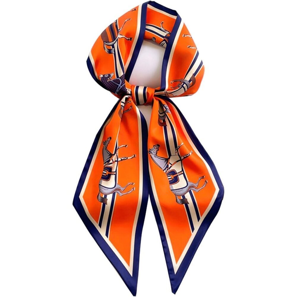 Women's Orange Blue Horse Fashion Oblique Angle Silk Neck Scarf Printed Scarves